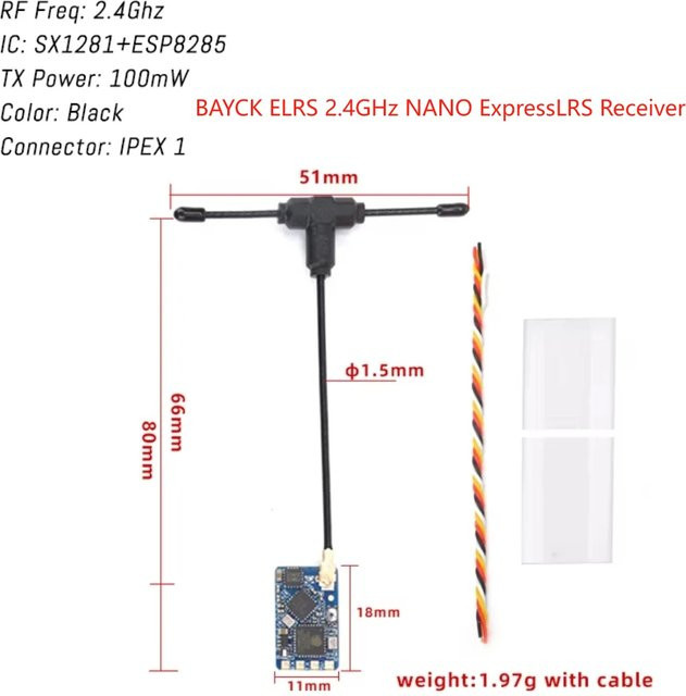 BAYCK Nano ExpressLRS Empfänger mit T-Typ-Antenne für RC FPV Drohnen, 915MHz / 2.4GHz, unterstützt WLAN-Upgrade, Schwarz - Bild 1