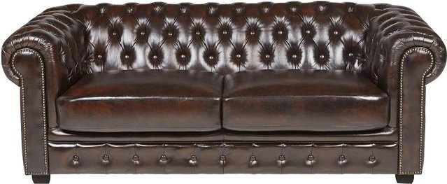 Vente-unique Chesterfield Sofa Brenton aus Leder in Schokobraun mit Punksteppung, Breite: 201 cm - Bild 1
