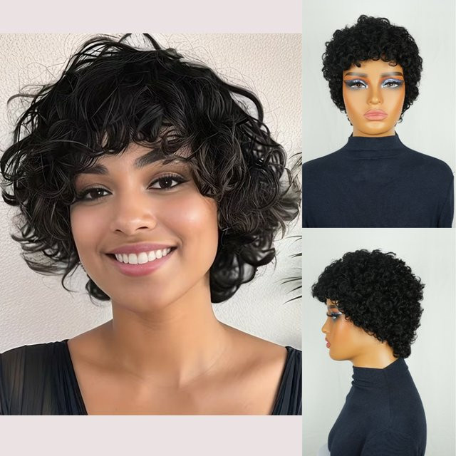 OYM HAIR Bob-Perücke, lockig mit Pony, 100 % Echthaar, Schwarz, Damen - Bild 1