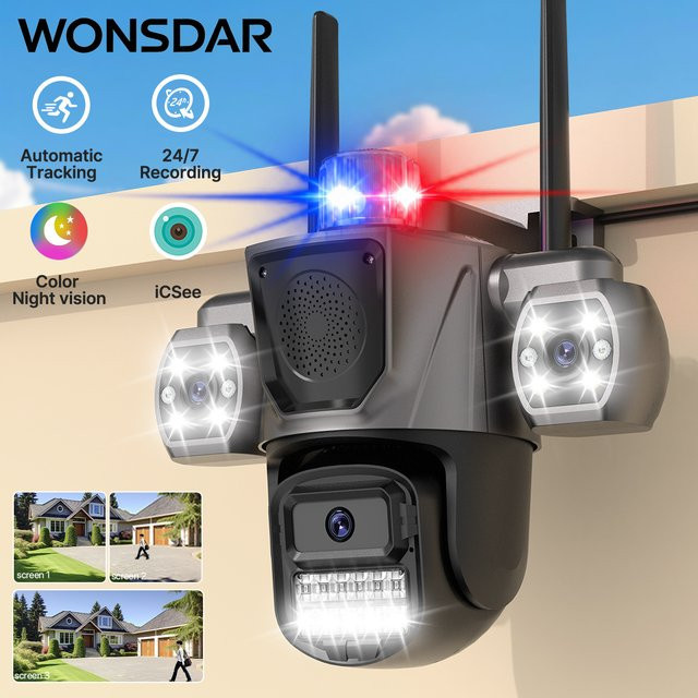 WONSDAR Outdoor-IP-Kamera mit drei Objektiven, WiFi-PTZ-Funktion, KI-Personenerkennung und Sound-Fill-Lautsprecher zur Videoüberwachung via ICSee - Bild 1