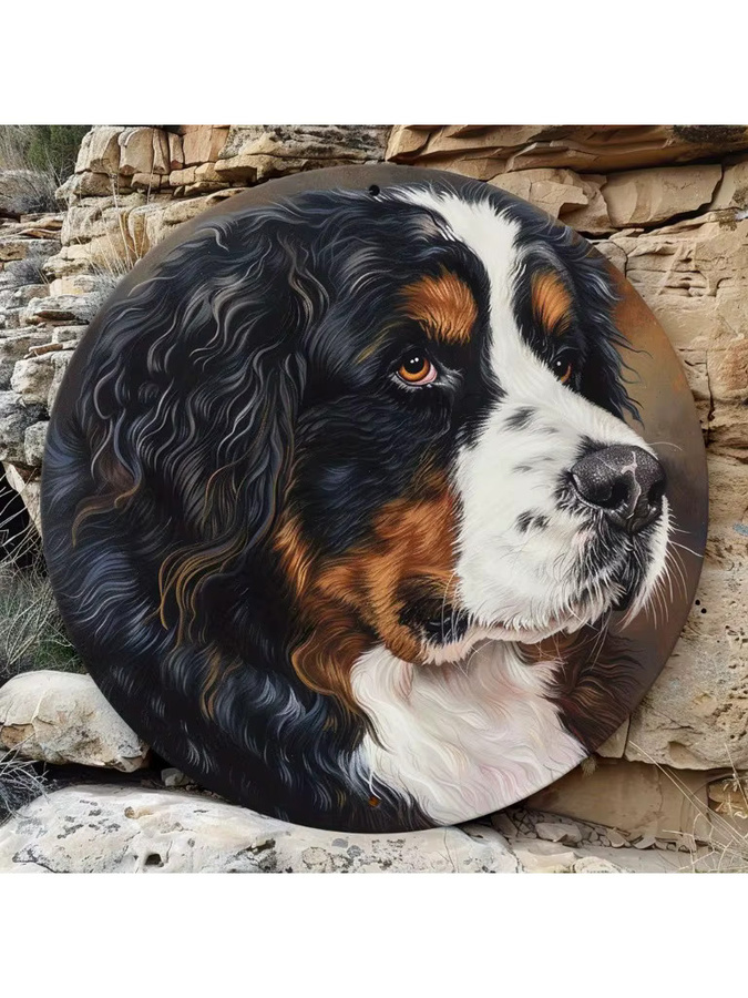 Potdemiel Runde Aluminium-Wandkunst Berner Sennenhund Illustration im Landhausstil, Mehrfarbig - Bild 6