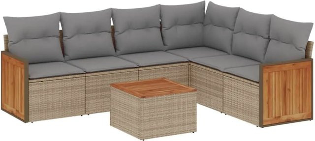 vidaXL 7-teilige Garten-Sofagarnitur aus Poly-Rattan und Akazienholz in Beige-Grau mit Kissen - Bild 1