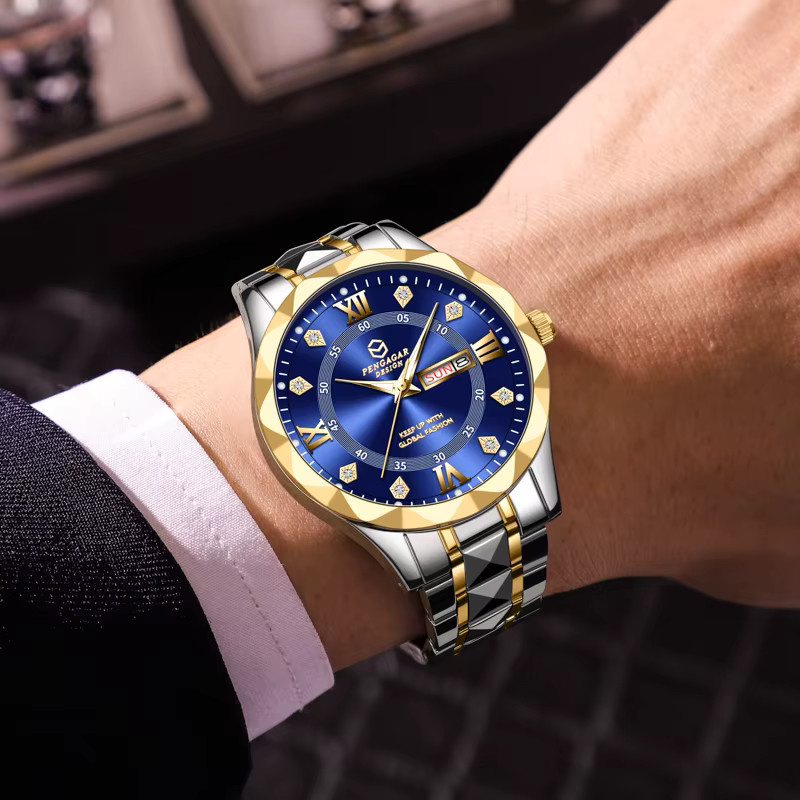 PENGAGAR Armbanduhr Quarz, Edelstahl, Bicolor, blaues Zifferblatt, Herren - Bild 3