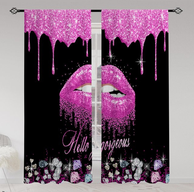 2er-Set halbtransparente Polyester-Vorhänge mit Lippen-Print in Pink, B: 50 cm, H: 50 cm - Bild 1