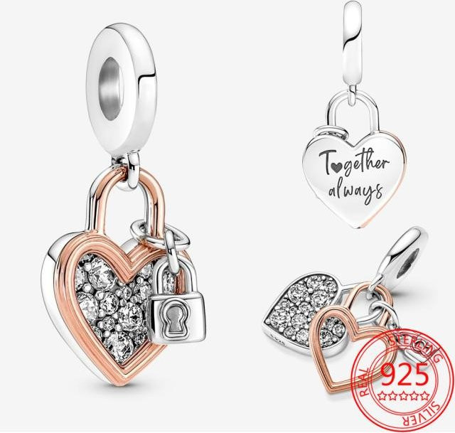 Allbestart Doppelanhänger Herz Vorhängeschloss, 925 Silber, Roségold, Damen - Bild 1