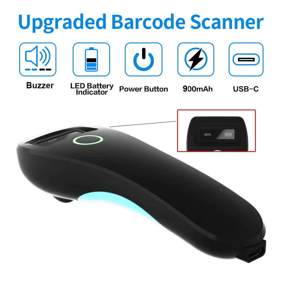 SYCREADER Tragbarer Mini Handheld Barcode Scanner mit Bluetooth, USB und 2,4 GHz Wireless für 1D 2D QR-Code und Datenmatrix in Schwarz und Blau - Bild 3