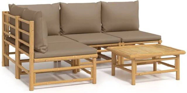 vidaXL 5-tlg Garten-Lounge-Set aus Bambus mit Kissen in Taupe, modernes L-Shape Set mit Sofa, Eckelement und Couchtisch - Bild 1