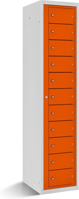 rotstahl Fächerschrank mit Zentraltür und 11 Fächern in Orange und Lichtgrau, B/T/H: 40 x 50 x 180 cm - Bild 1