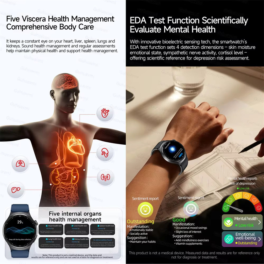 GUHUAVMI EKG Smartwatch mit Herzfrequenzmessung, Blutsauerstoffmessung und Bluetooth-Anruffunktion für Damen und Herren in Blau und Schwarz - Bild 4