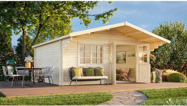 Palmako Gartenhaus Britta aus Blockbohlen, Lackiert, Hellgrau-Anthrazit, B: 480 cm, T: 425 cm - Bild 1