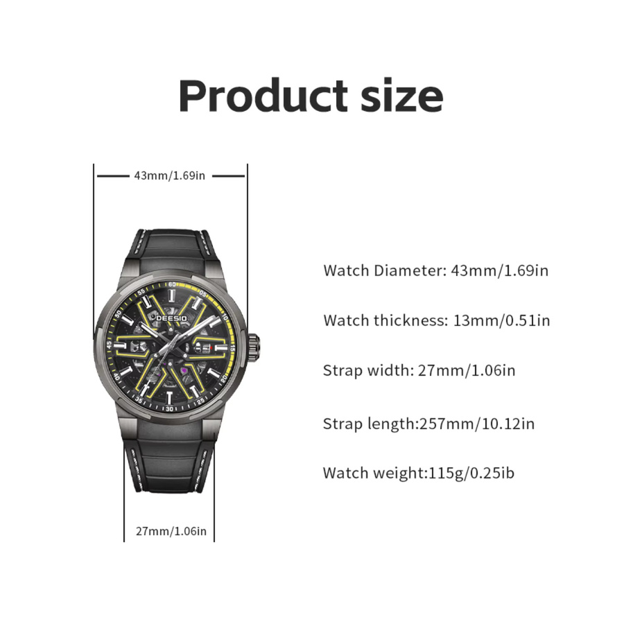 Deesio Herren-Armbanduhr, Automatik, Edelstahl, Kautschuk, Schwarz - Bild 3