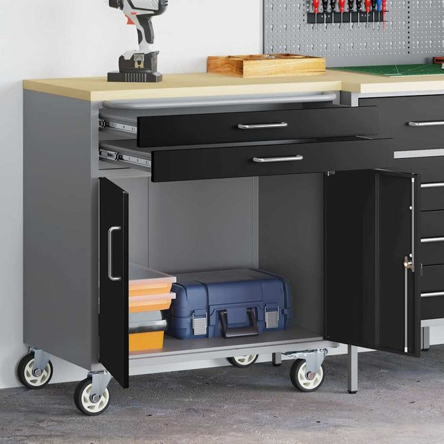 Rollender Werkstattwagen von Yiwydaa in Schwarz und Grau aus Stahl und Holz, B/T/H: 75 x 45 x 85 cm - Bild 1