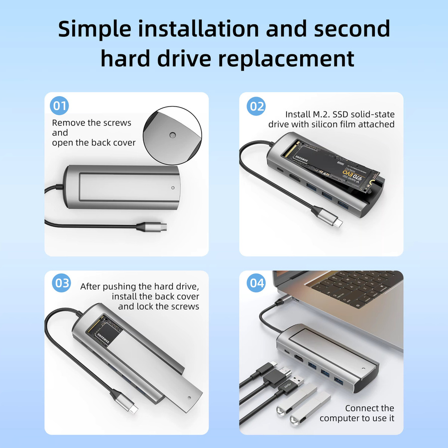 6-in-1 USB-C Dockingstation mit M.2 SSD SATA NVME Speicherfunktion und HDMI für MacBook Air M1 M2, Farbe: Silber - Bild 3