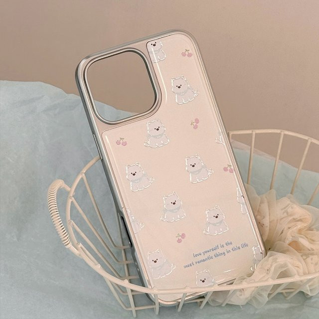 Stoßfeste Handyhülle mit Koreanischem Cartoon-Welpen-Design und Silberrand-Beschichtung für iPhone 12 bis iPhone 17 Pro Max Plus - Bild 1