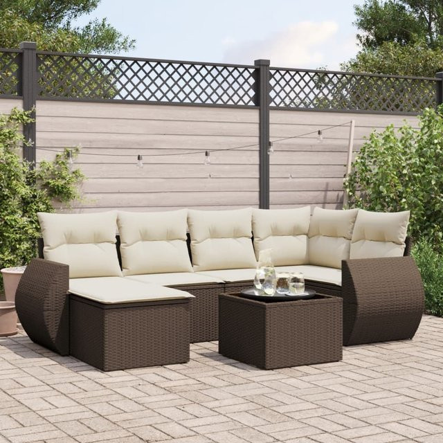 vidaXL 7-tlg. Garten-Sofagarnitur in L-Form aus Polyrattan mit Kissen in Braun - Bild 3