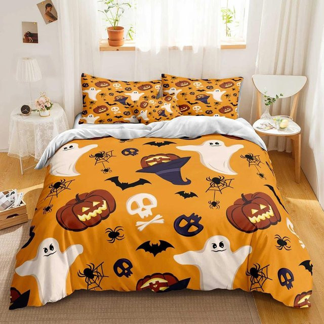 Halloween Bettwäsche Set mit Cartoon Kürbis und floralem Design, 2-teilig, Orange, B/H: 70 x 133 cm - Bild 1