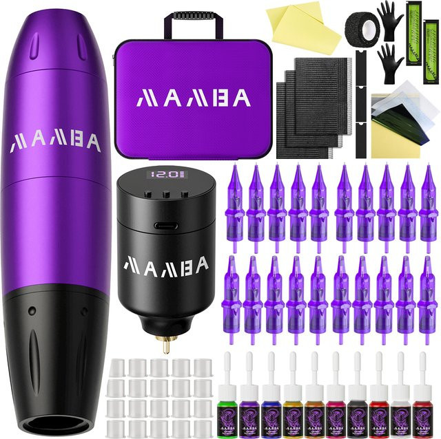 DMTATTOO Tattoo Maschine Kit, Drahtlos, 1350 mAh Batterie, mit Tinte und Nadeln - Bild 1
