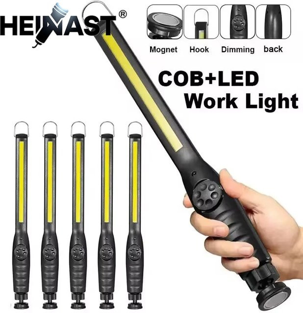 Heinast Tragbarer COB-Arbeitsscheinwerfer mit magnetischer LED-Taschenlampe, wiederaufladbar und dimmbar, Schwarz - Bild 1