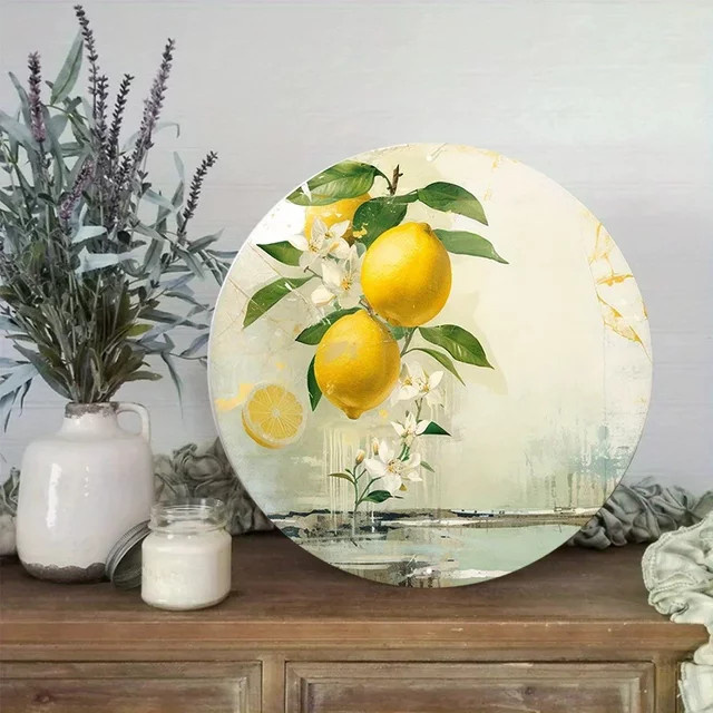 Potdemiel Metallschild Lemon Bunch Wandkunst in Weiß und Multicolor, Rundes Bauernhaus Dekor für Küche und Schlafzimmer, Durchmesser: 20 cm - Bild 1