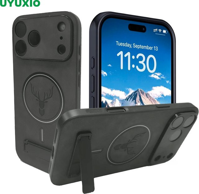 UYUXIO Magnetische Handyhülle mit integriertem Ständer für iPhone 17 Pro Max 16 15 14 Plus 13 12 11 in Schwarz oder Grau - Bild 1