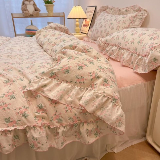 Bin Chi Textiles Prinzessinnen Bettwäsche Set mit Blumen, Rüschen und Spitze in Pink, bestehend aus Bettbezug, Kissenbezügen und Spannbettlaken, Breite: 120 cm - Bild 1