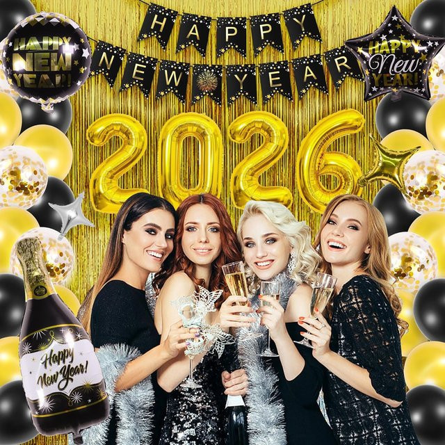 YAYB Silvester Dekoration Set Gold mit Zahlenballons, Weinglas und Sternen aus Folie für deine Silvesterfeier - Bild 1