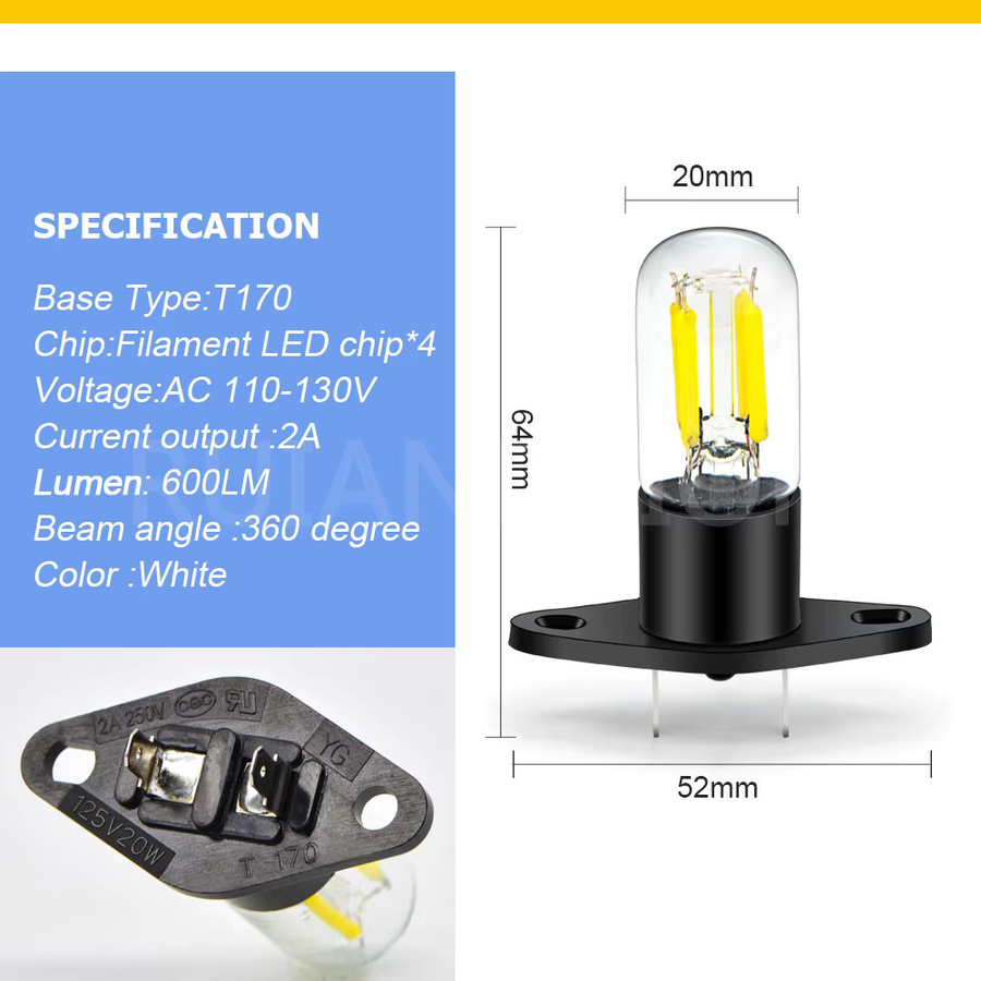 Ruiandsion T170 LED Mikrowellen-Glühbirne Filament Ersatz Weiß für Ofenlicht 120V AC110V-130V - Bild 2