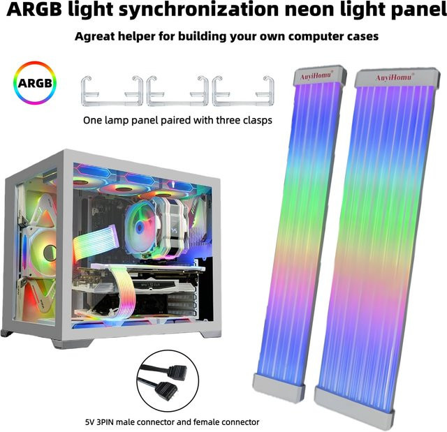 AuyiHomu ARGB Neon-Lichtpanel für PC-Gehäuse, RGBIC LED-Streifen in Schwarz und Multicolour, 5V 3-Pin Sync Beleuchtungsleiste mit Befestigungsclips - Bild 1