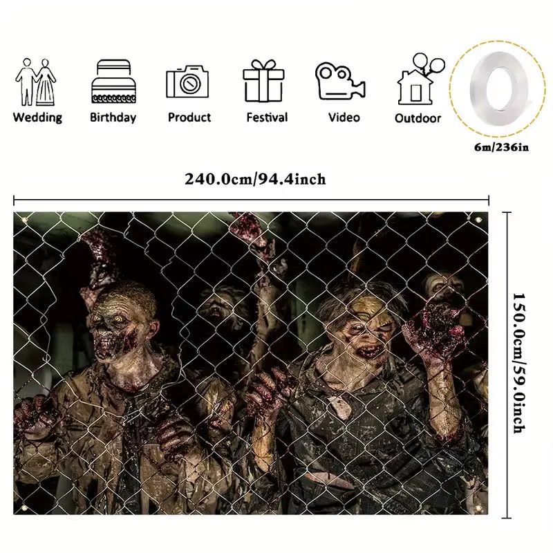 VIKAMA Halloween Zombie Horror Party Wandteppich als Hintergrundwand für Innen- und Außenbereich aus Polyestergewebe - Bild 4