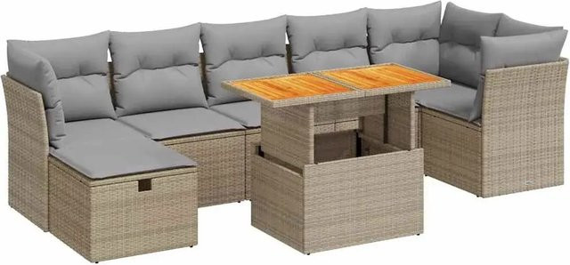 vidaXL 8-teilige Garten-Sofagarnitur in L-Form mit Kissen und Couchtisch, Beige, Poly Rattan und Akazie - Bild 1