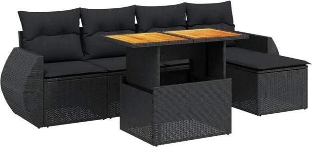 vidaXL 6-tlg Garten-Sofagarnitur aus Poly-Rattan und Akazienholz in Schwarz mit Kissen - Bild 1