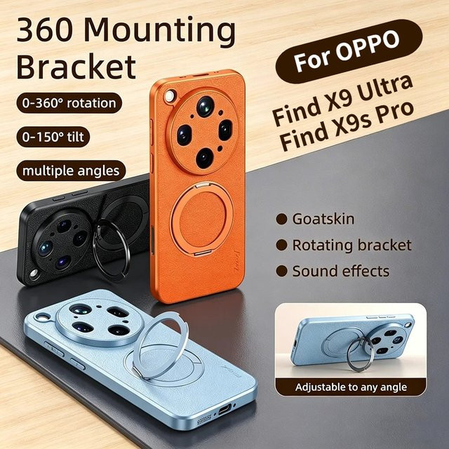 Magnetische Ziegenleder Schutzhülle für OPPO Find X9 Ultra X9s Pro Reno 15 Pro Max 15F 15C mit 360 Grad drehbarem Metallring-Ständer in Schwarz und Orange - Bild 1