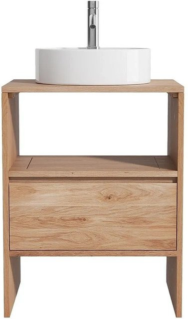 Cavizo Einzelwaschtisch aus Keramik und Massivholz Eiche in Natur und Weiß, Breite: 60 cm, Tiefe: 50 cm, Höhe: 78 cm - Bild 1
