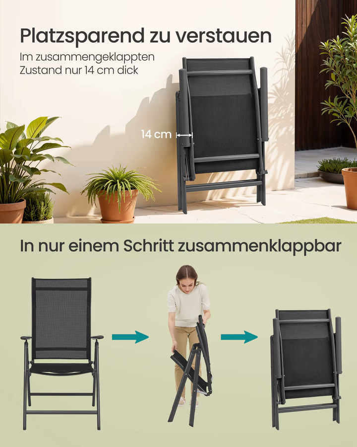 SONGMICS Gartenstühle 2er Set Klappstühle mit Aluminiumgestell und Textilene in Schwarz - Bild 5