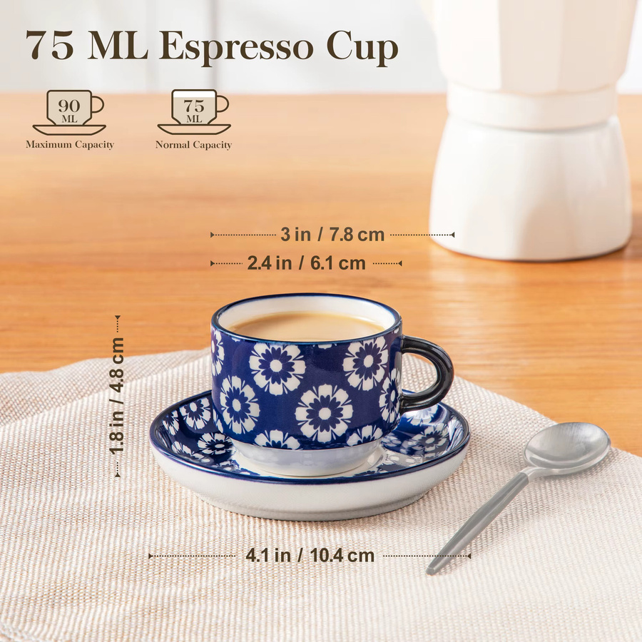 vancasso Porzellan Tassenset mit Untertassen und Metallständer, 6er-Set in Weiß für Espresso, Cappuccino, Latte und Tee - Bild 2