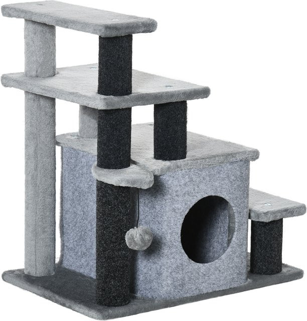 PawHut Haustiertreppe für Katzen mit Schlafhöhle und Spielball, 3/4-stufig, Plüschbezug, Grau - Bild 1