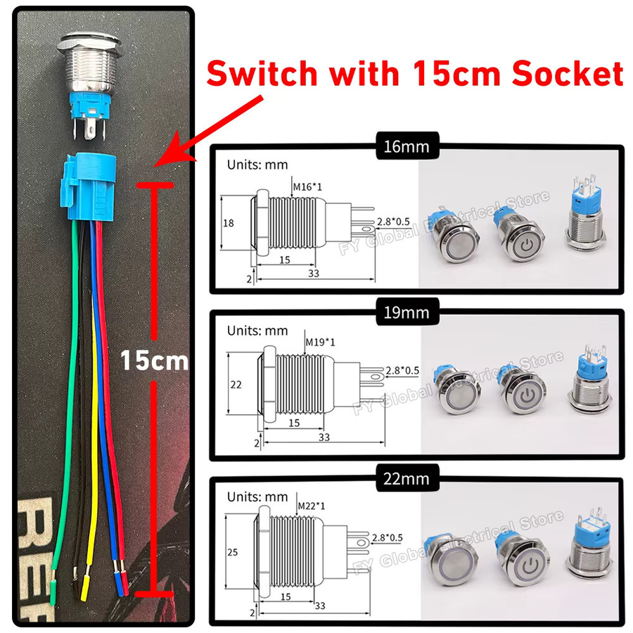 Wasserdichter Metall Druckknopfschalter mit Steckdose und LED-Licht für 12V 24V 220V in Schwarz oder Silber - Bild 5