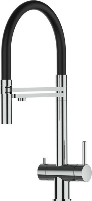 VIZIO Küchenarmatur aus Edelstahl mit 3-Wege-Wasserhahn, 360° schwenkbarem Auslauf und abnehmbarer 2-Strahl Handbrause in Schwarz Matt - Bild 1