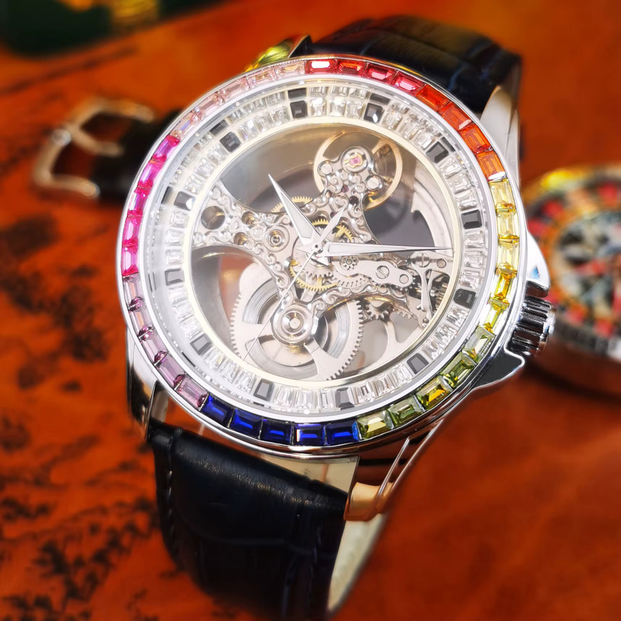AOKULASIC Armbanduhr, Automatik, Edelstahl, Leder, Diamantbesetzt, Herren - Bild 4