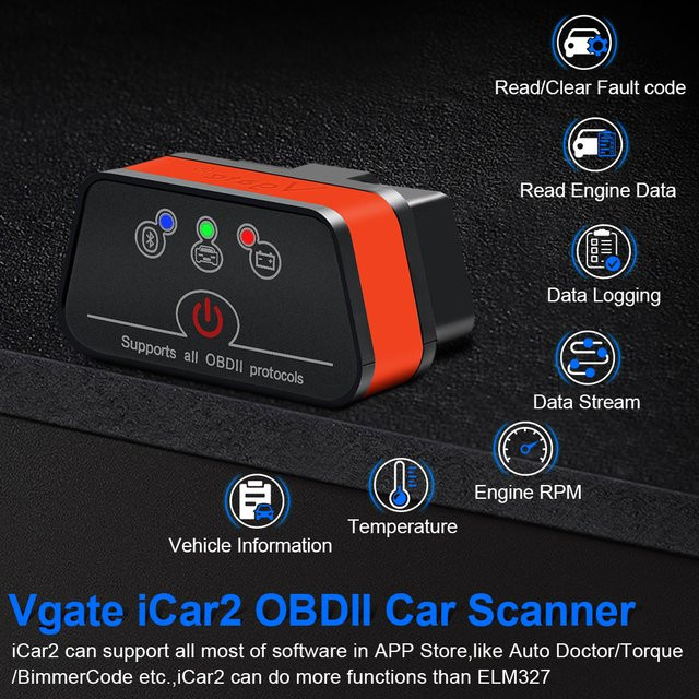Vgate ICar2 OBD2 Scanner ELM327 Bluetooth Auto- und Motorrad-Diagnosegerät in Schwarz - Bild 1