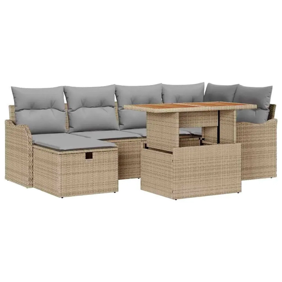 vidaXL Garten-Sofa-Set aus Polyrattan und Akazienholz in Beige mit 7 Teilen, Kissen und integriertem Stauraum - Bild 2