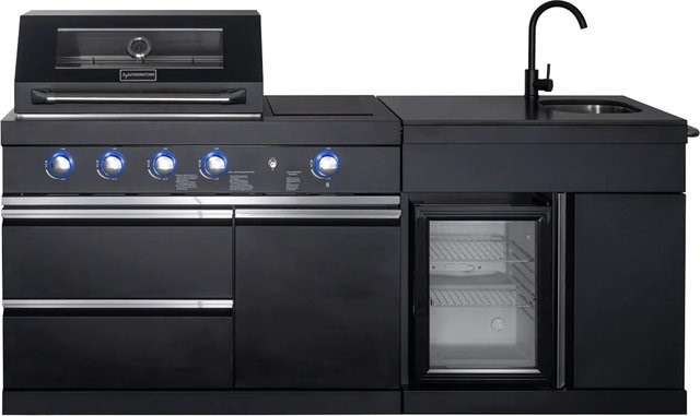 MyOutDoorKitchen Pure Freistehende Outdoorküche Compact in Schwarz-Anthrazit mit 4-Brenner-Gasgrill, Infrarot-Seitenbrenner, Kühlschrank, Spülbecken und Abfalleimer - Bild 1