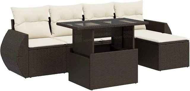 vidaXL 6-teilige Garten-Sofagarnitur aus braunem Poly-Rattan mit cremeweißen Kissen und pulverbeschichtetem Stahlgestell - Bild 1