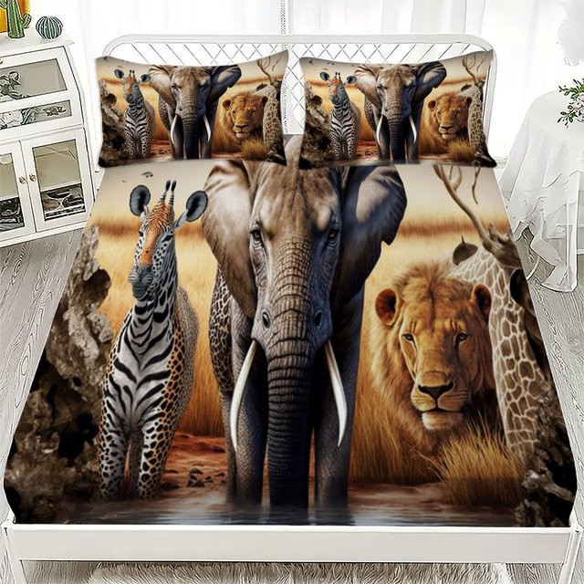 Your Warm Home Spannbettlaken Set Afrikanische Savanne Wildtier Design in Grau, Atmungsaktive Bettwäsche mit Elefant, Löwe und Leopard, B/T: 90 x 200 cm, Höhe: 25 cm - Bild 1
