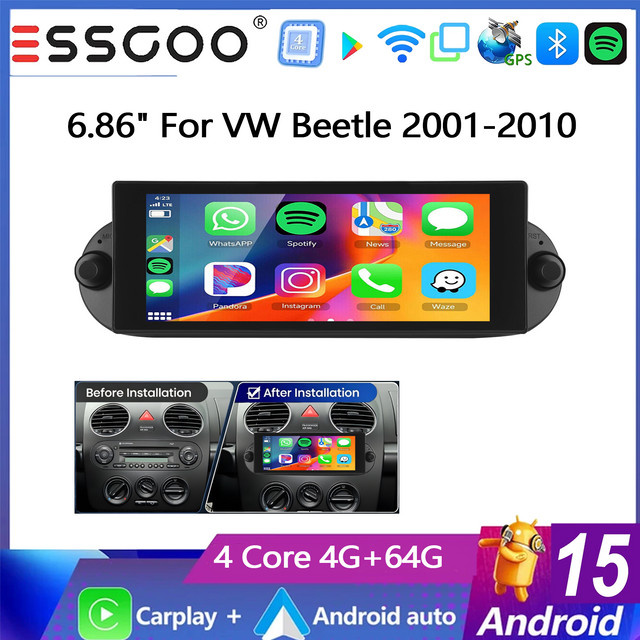ESSGOO Android 15 Autoradio für VW Beetle 2001-2010 mit 6,86 Zoll IPS Touchscreen, 4+64GB, kabellosem Carplay, Android Auto, GPS, Bluetooth und WLAN in Schwarz - Bild 1
