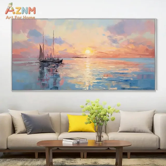 Kayou Abstrakte Leinwand-Wandkunst Sonnenuntergang Segelboot Ozean-Seelandschaft in Mehrfarbig - Bild 1