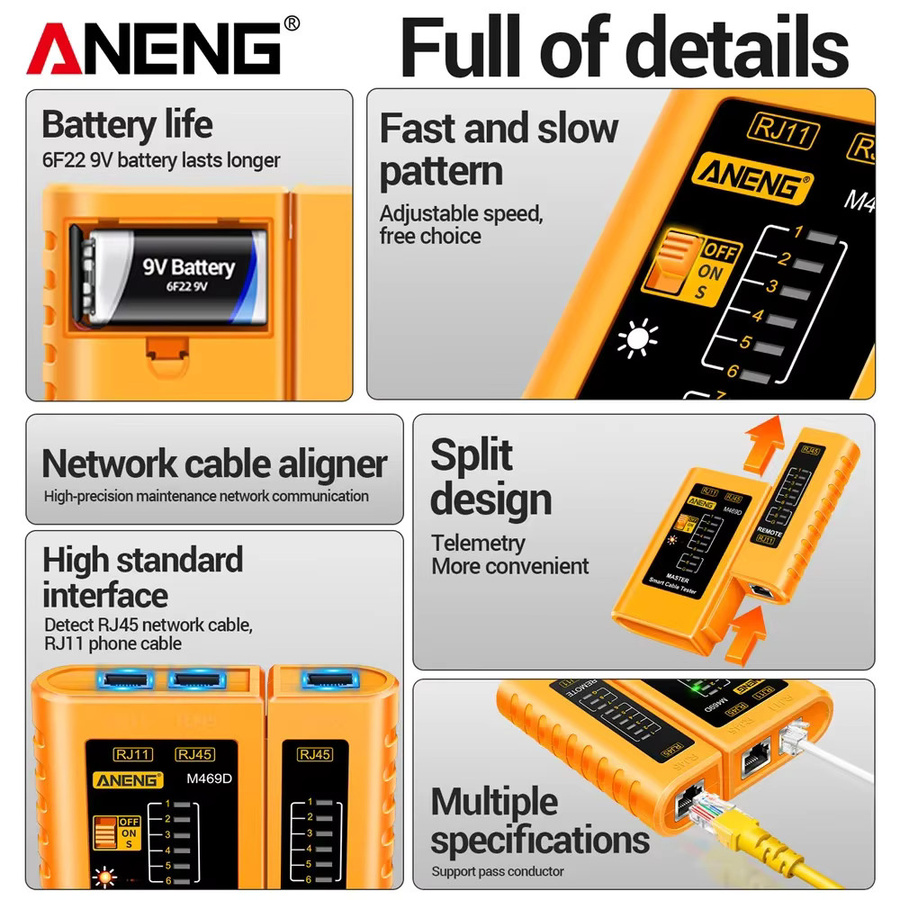 ANENG M469D Netzwerk-Tester für LAN RJ45 RJ11 RJ12 CAT5 UTP in Gelb - Bild 5