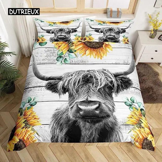 Bettwäsche Set Highland Kuh mit Blumen Design von Binchi Outdoor Product, King Size, Mehrfarbig, B/H: 200 x 230 cm - Bild 1