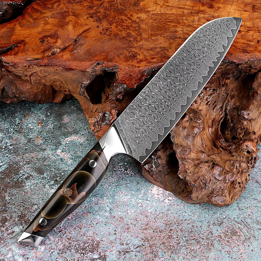 Xituo Santoku Kochmesser aus japanischem Damaststahl mit Kupfer-Platin-Harz Griff, 17,78 cm, Mehrfarbig - Bild 3