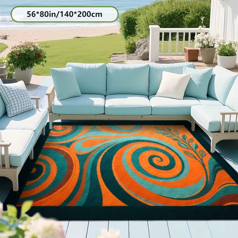 VIKAMA Outdoor-Teppich mit Wirbelmuster in Orange und Türkis, wasserdicht und rutschfest, Rechteckig, B: 120 cm, T: 80 cm - Bild 2